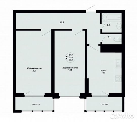 2-к квартира, 58.8 м², 7/24 эт.