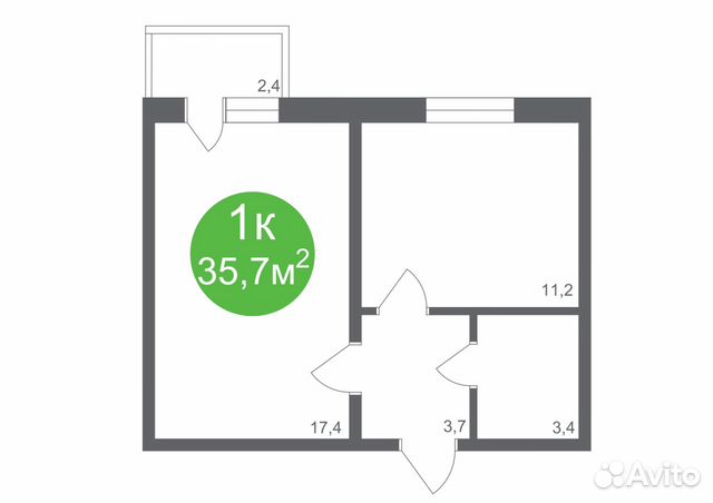 1-к квартира, 35.7 м², 2/3 эт. 1-к квартира, 35.7 м², 2/3 эт.