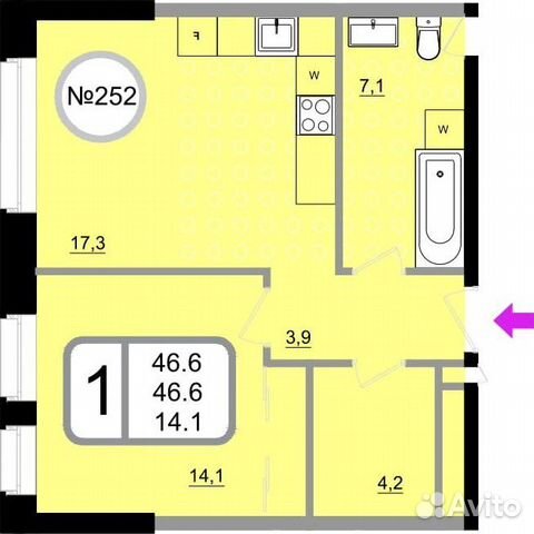 1-к квартира, 46.6 м², 19/22 эт.