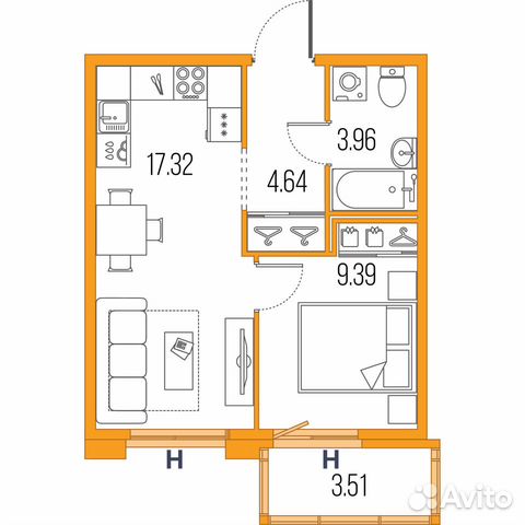 1-к квартира, 35.3 м², 2/22 эт. 1-к квартира, 35.3 м², 2/22 эт.