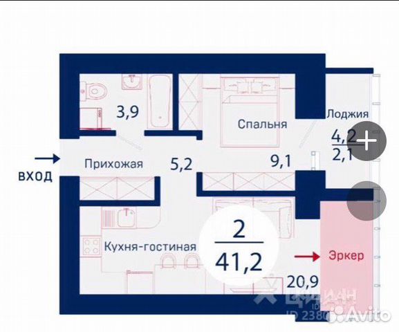 2-к квартира, 42 м², 6/17 эт.