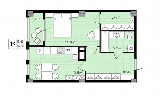 1-к. квартира, 50,3 м², 5/16 эт.