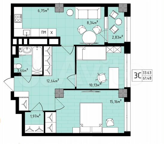 3-к. квартира, 61,5 м², 2/16 эт.