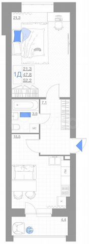 1-к. квартира, 52,2 м², 2/5 эт.