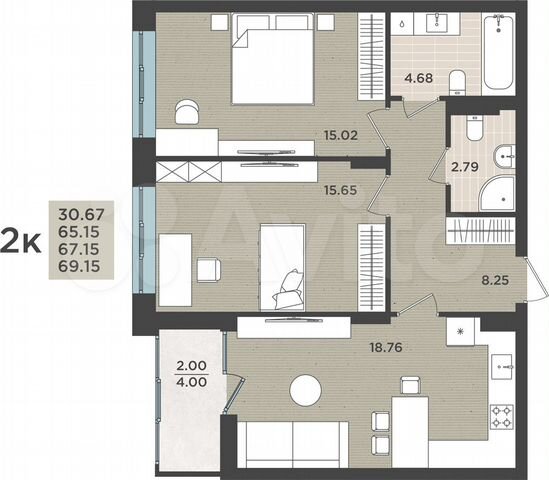2-к. квартира, 67,2 м², 4/8 эт.