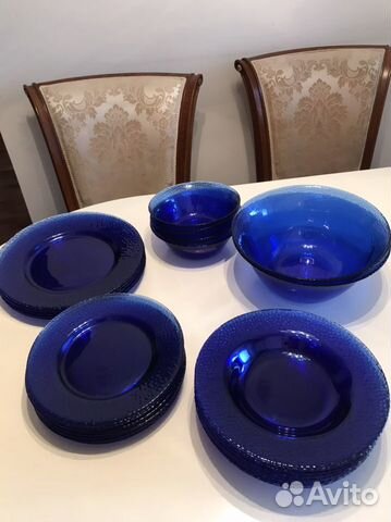 Столовый сервиз винтаж кобальтовое стекло 60х г