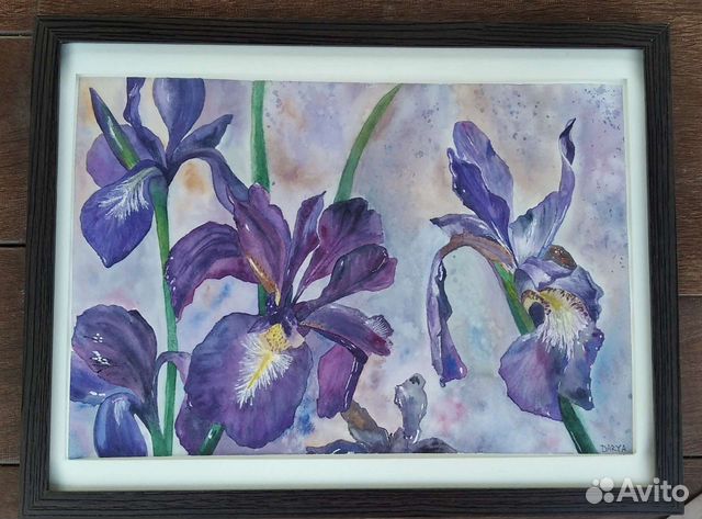 Картина акварелью А3 с цветами. Ирисы. 2022