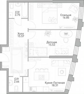 1-к квартира, 73.8 м², 26/39 эт.