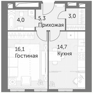 1-к квартира, 43.1 м², 39/47 эт.