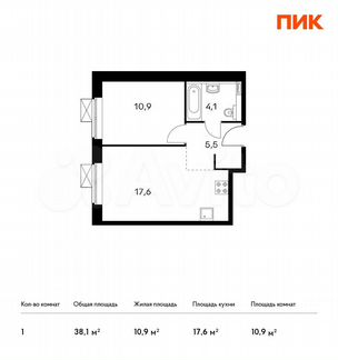 1-к апартаменты, 38.1 м², 12/15 эт.